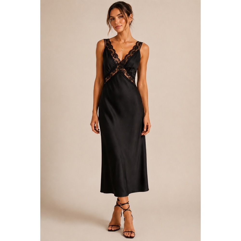 Abercrombie & Fitch Black Lace Satin Maxi Bias Cut Slip Dress S Y2K Romantic